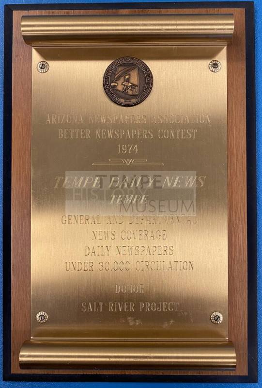 1974 Arizona Newspapers Association Better Newspaper Contest plaque awarded to Tempe Daily News