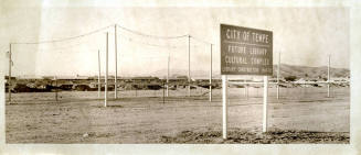 Sign: "City of Tempe, Future Library Cultural Complex, Library Construction 1969-70."