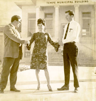 "Goal-Busters" - Rose McMillan and 2 Men in Front of Tempe Municipal Building