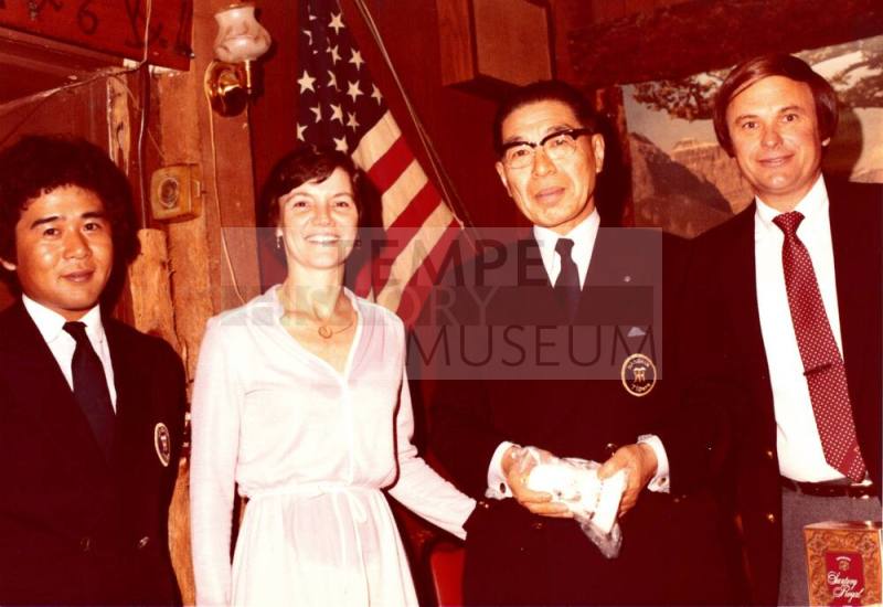 Shojiro Ozu, Marianne Mitchell, and Harry Mitchell Pose for Photo at Monti's