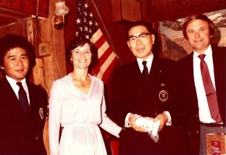 Shojiro Ozu, Marianne Mitchell, and Harry Mitchell Pose for Photo at Monti's