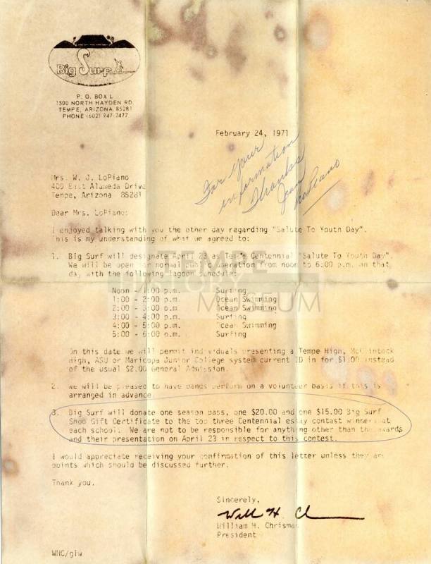 Big Surf Centennial Letter to Mrs. LoPiano