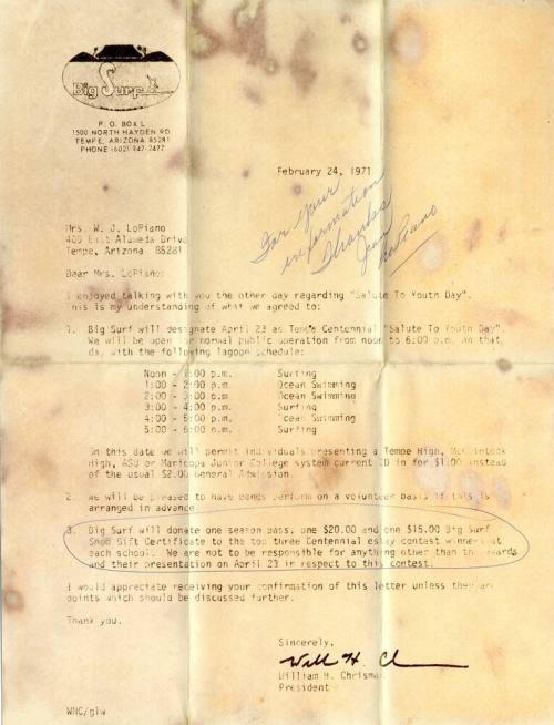 Big Surf Centennial Letter to Mrs. LoPiano