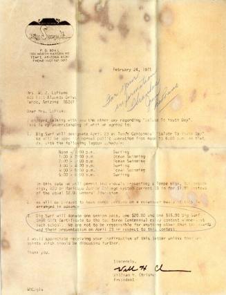 Big Surf Centennial Letter to Mrs. LoPiano