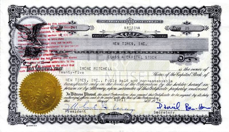 Arizona New Times Stock Certificate for Irene Mitchell