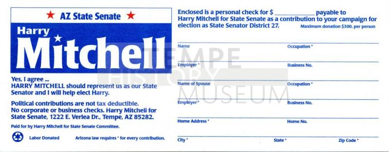 Harry Mitchell Arizona Senator Campaign Flyer