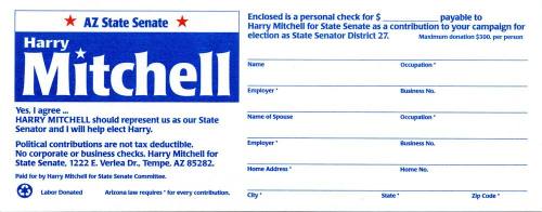 Harry Mitchell Arizona Senator Campaign Flyer