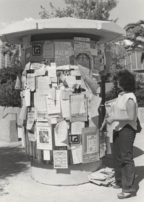 Jeannie Ong Looks at Arizona State University Bulletin Stand