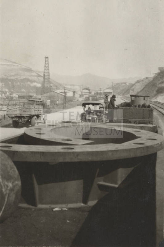 Photo- Number 7 turbine from Roosevelt Dam on train car at Miami, Arizona