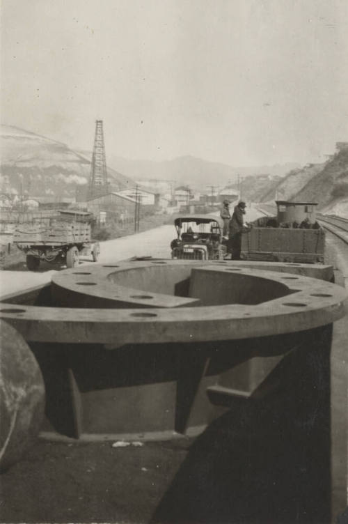 Photo- Number 7 turbine from Roosevelt Dam on train car at Miami, Arizona