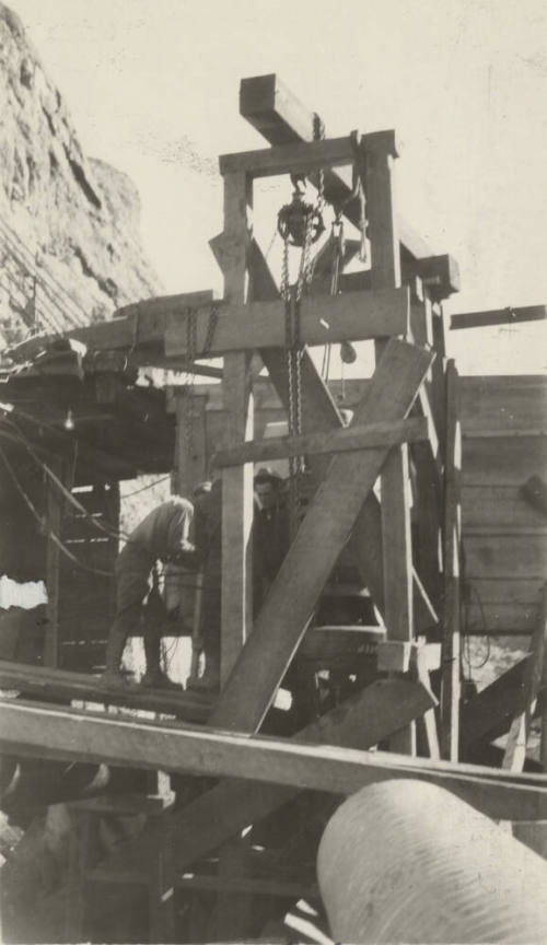 Photo- workers on construction site at Mormon Flat