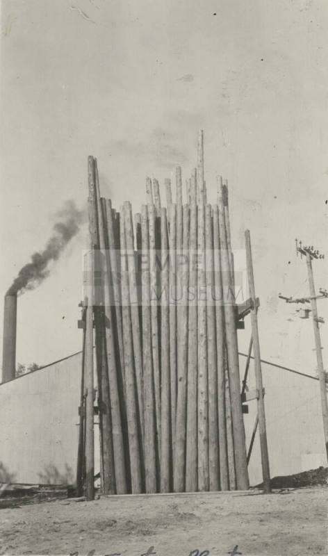 Photo- View of wooden poles being treated at a pole treating plant