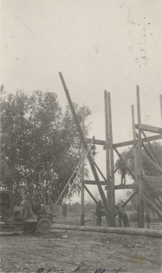 Photo- View of crane hoisting wooden poles at a pole treating plant