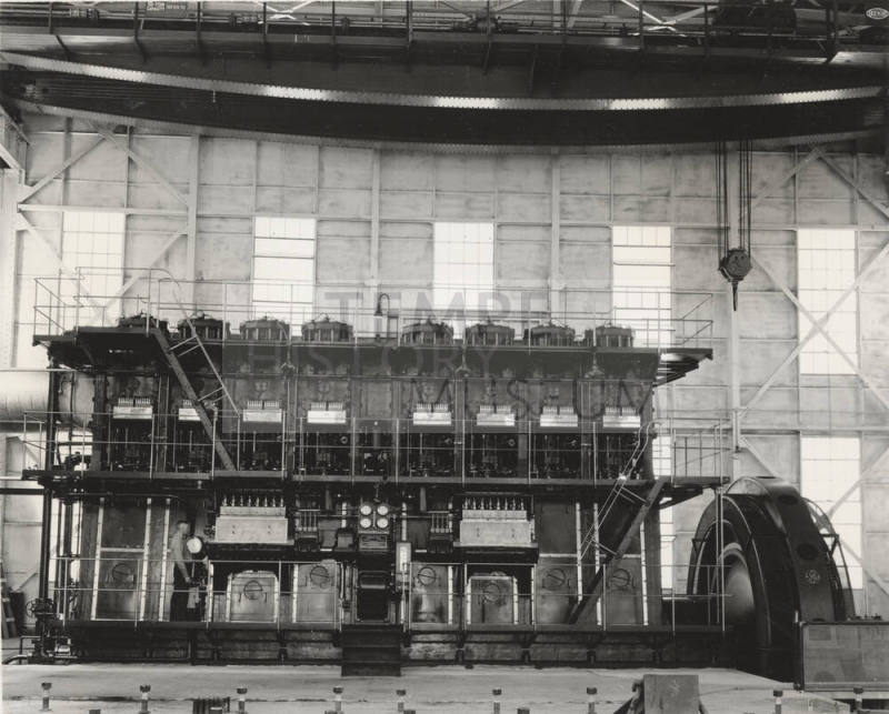 Photo- Interior of the Tempe Crosscut Power Plant with Hamilton diesel engine