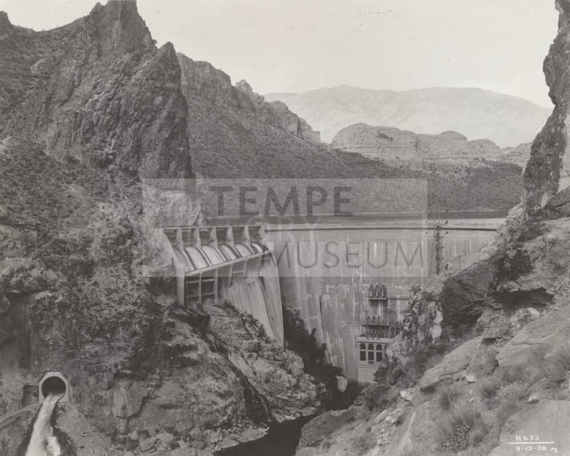Photo-View of Horse Mesa Dam with spillway gate raised 5  3/4" for water release