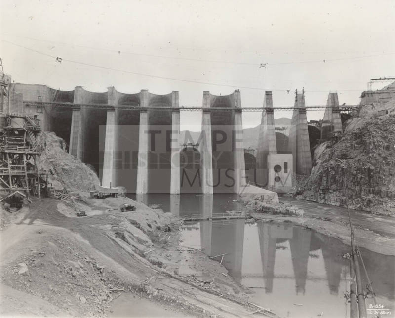 Photo-View of dam construction from the base of Bartlett Dam