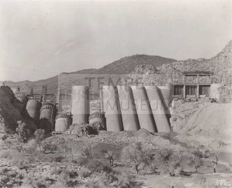 Photo-View of dam construction from the base of Bartlett Dam