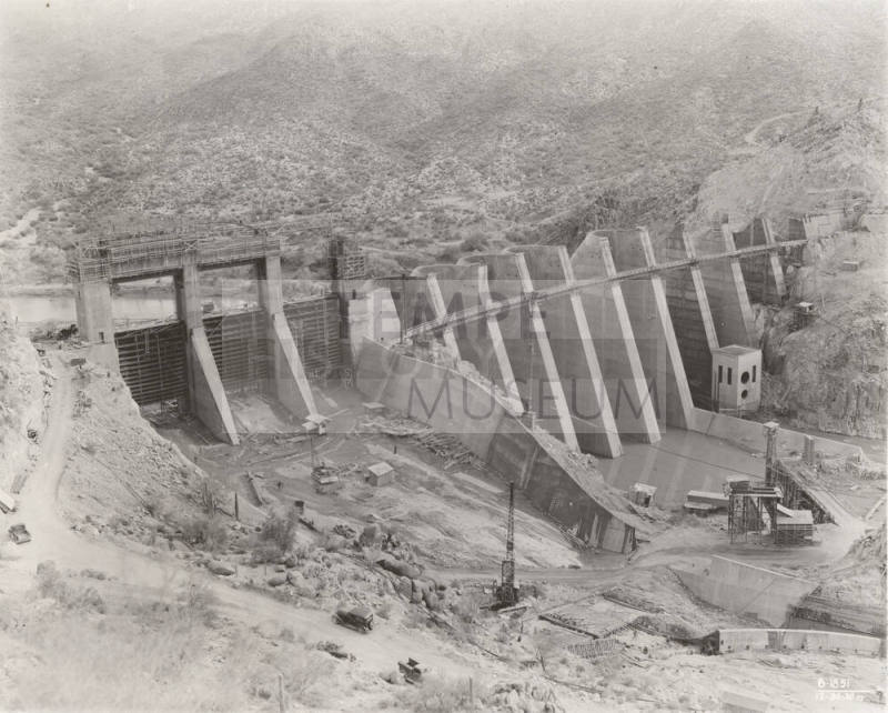 Photo-A view of the construction of Bartlett Dam from the hillside above the dam