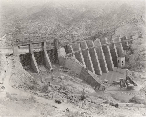 Photo-A view of the construction of Bartlett Dam from the hillside above the dam