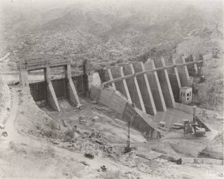 Photo-A view of the construction of Bartlett Dam from the hillside above the dam