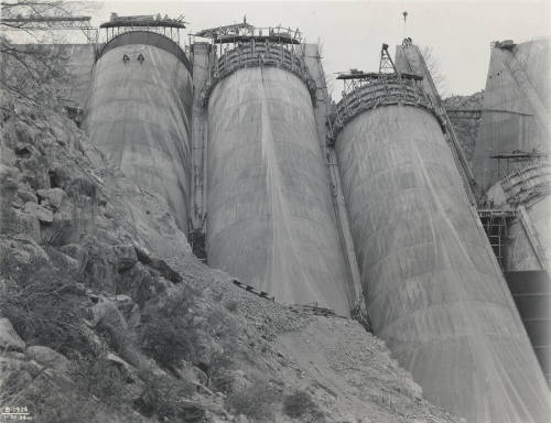 Photo-Partial view of the construction of three of the Bartlett Dam's buttresses