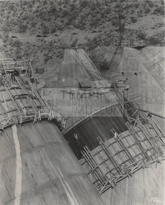 Photo- Partial construction of two  buttresses at Bartlett Dam, top view