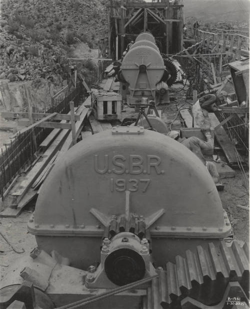 Photo- View of four gear boxes that operate spillway gates at Bartlett Dam