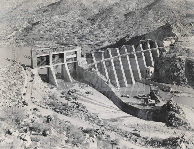 Photo- General view of construction of buttresses and spillway at Bartlett Dam