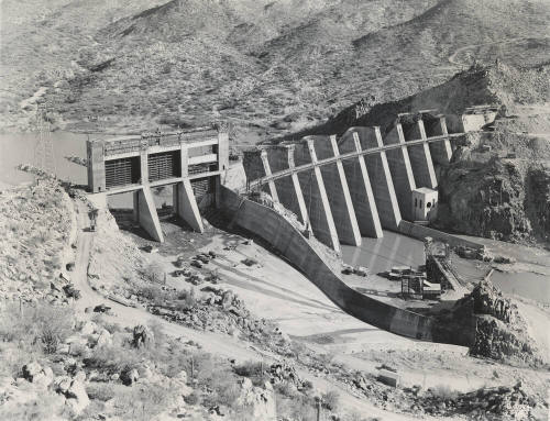 Photo- General view of construction of buttresses and spillway at Bartlett Dam