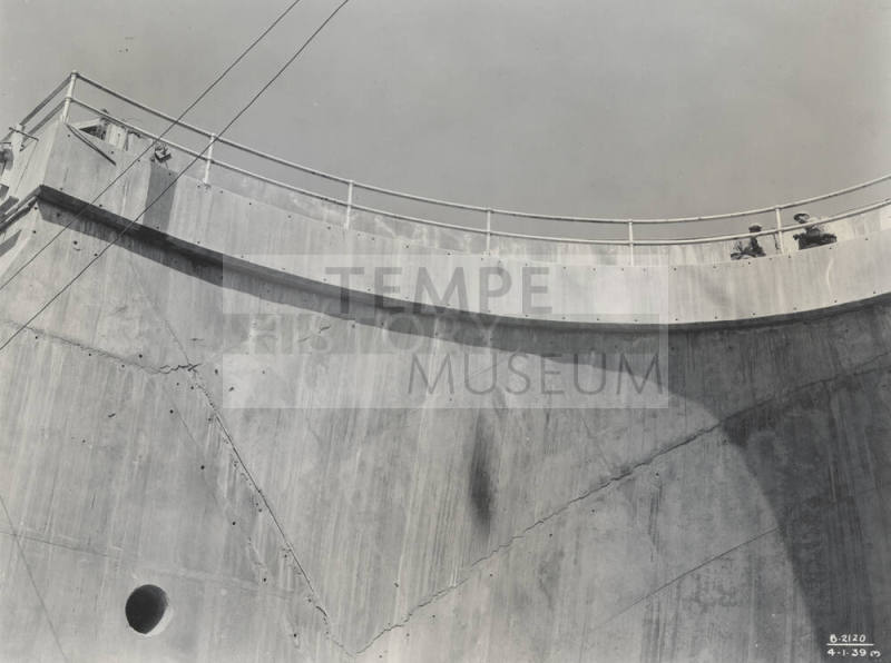 Photo- View of men working on the construction of Bartlett Dam