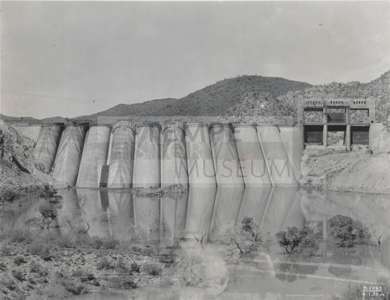 Photo- Frontial view of the construction of Bartlett Dam nearing completion