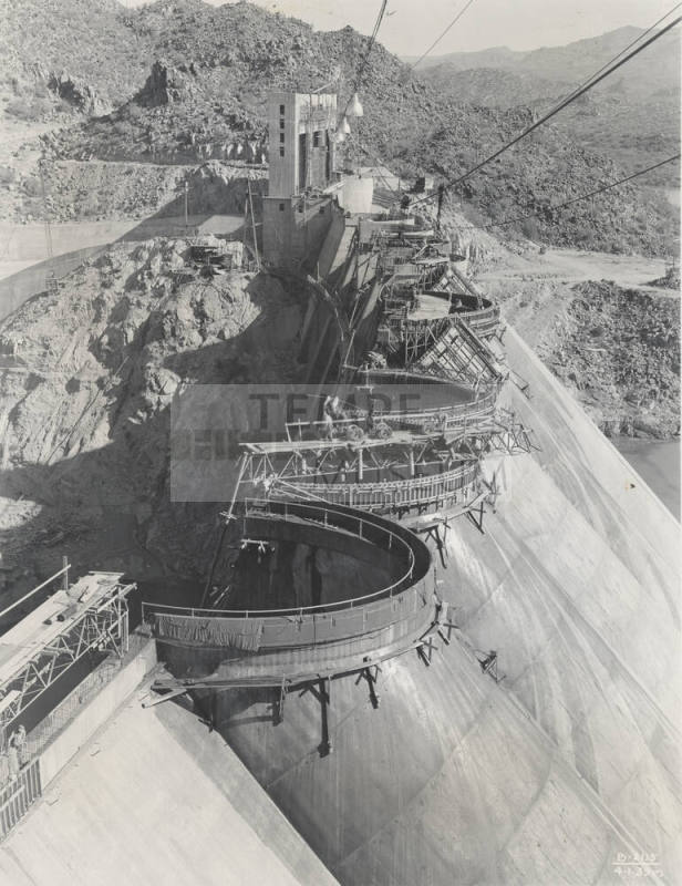 Photo- View of the construction of Bartlett Dam and the use of the arched forms