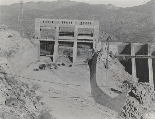 Photo- View of Bartlett Dam and spillway gates under construction