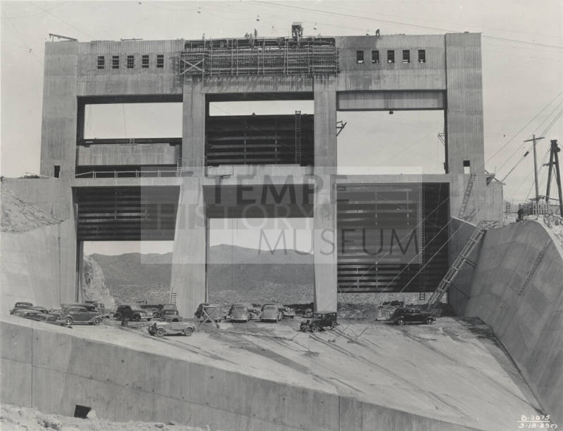Photo- View of Bartlett Dam and spillway gates under construction