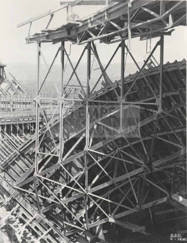 Photo- View of arched forms and scaffolding for construction of Bartlett Dam