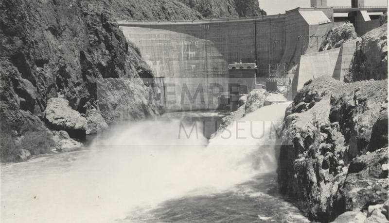 Photo- View of Morman Flat Dam with one gate open