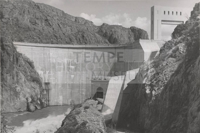 Photo-View of water being released from spillway at Mormon Flat Dam