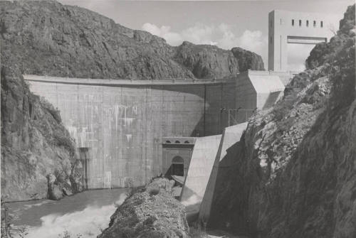 Photo-View of water being released from spillway at Mormon Flat Dam