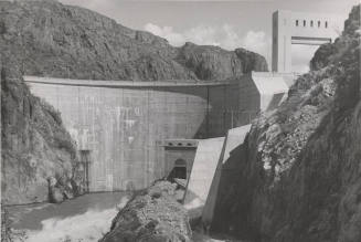 Photo-View of water being released from spillway at Mormon Flat Dam