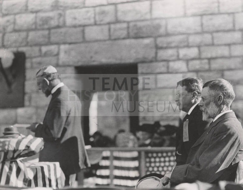 Photo-Theodore Roosevelt and two men on platform at dedication of Roosevelt Dam