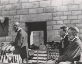 Photo-Theodore Roosevelt and two men on platform at dedication of Roosevelt Dam