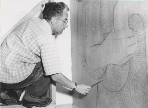 Jean Charlot working on fresco for the Administrative building at Arizona State