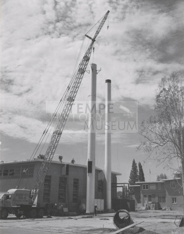 Construction crane and installation of smoke stacks at Arizona State University