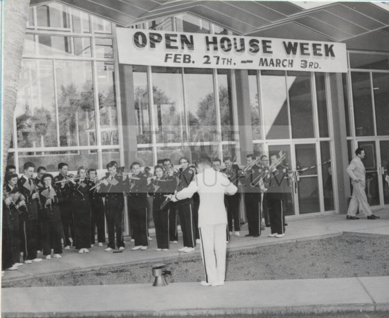 Memorial Union dedication with Harold Hines directing the Sun Devil Band