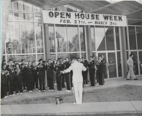 Memorial Union dedication with Harold Hines directing the Sun Devil Band