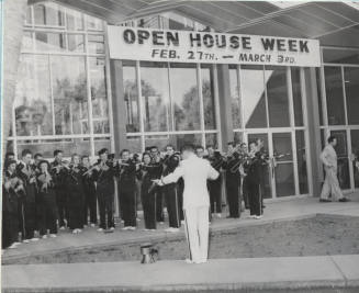 Memorial Union dedication with Harold Hines directing the Sun Devil Band