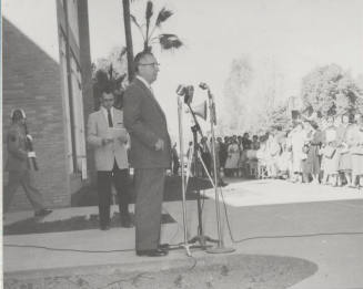 President Gammage speaks at the Memorial Union dedication at Arizona State University