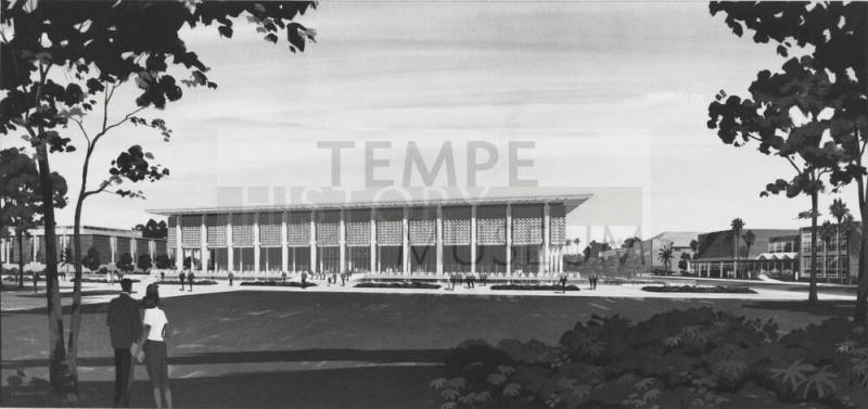 Photographic reproduction of an architectural rendering of Hayden Library