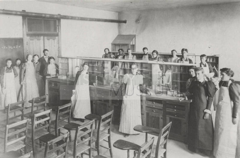 Chemistry laboratory in Old Main Building with Frederick M. Irish, Science teacher