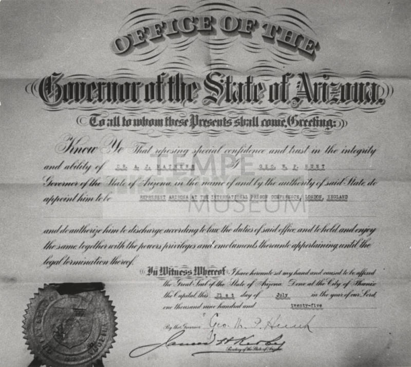 Certificate Appointing Dr. A.J. Matthews to Represent Arizona in England